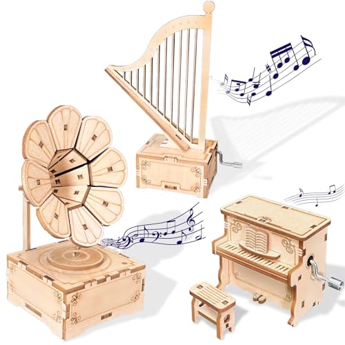CYAZOO 3in1 3D Wooden Assembly Puzzle Hand Crank Music Box Set Wood Craft Kit-DIY Musical Instrument Model Toy-Home Decoration Best C·YAZOO