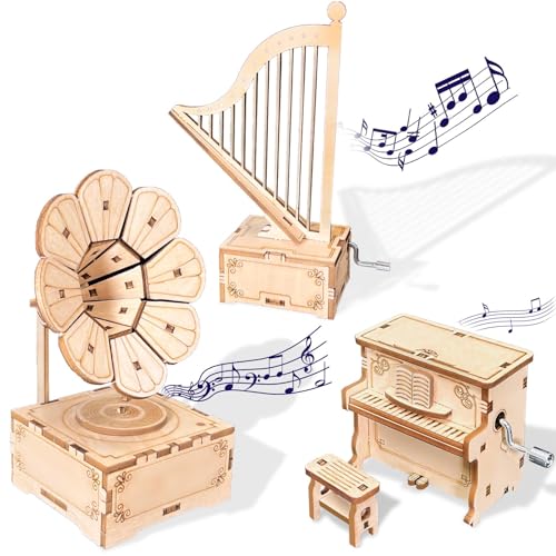 CYAZOO 3in1 3D Wooden Assembly Puzzle Hand Crank Music Box Set Wood Craft Kit-DIY Musical Instrument Model Toy-Home Decoration Best - WoodArtSupply