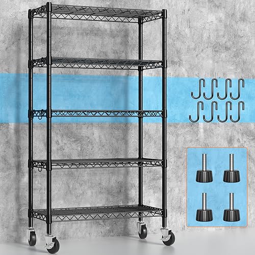 Hodonas Metal Shelving Unit with Wheels, 5-tier Wire Shelving with Adjustable Shelves for Storage, Freestanding Heavy Duty Metal Wire Storage Shelf Hodonas