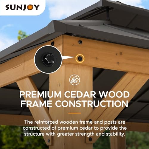 Sunjoy 12 x 20 ft. Wood Gazebo, Outdoor Patio Steel Hardtop Gazebo, Cedar Framed Wooden Gazebo with 2-Tier Metal Roof, Suitable for Patios, Lawn and Sunjoy