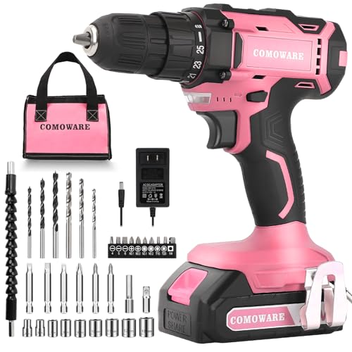 COMOWARE Cordless Drill Set, 20V Power Drill, Pink Drill Set for Women, 1 Battery & Charger, 3/8" Keyless Chuck, 2 Variable Speed, 266 In-lb Torque, COMOWARE