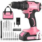 COMOWARE Cordless Drill Set, 20V Power Drill, Pink Drill Set for Women, 1 Battery & Charger, 3/8" Keyless Chuck, 2 Variable Speed, 266 In-lb Torque, COMOWARE
