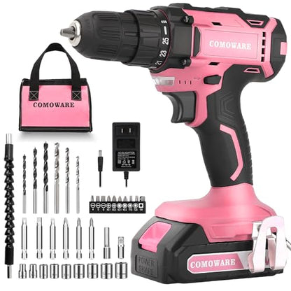 COMOWARE Cordless Drill Set, 20V Power Drill, Pink Drill Set for Women, 1 Battery & Charger, 3/8" Keyless Chuck, 2 Variable Speed, 266 In-lb Torque,