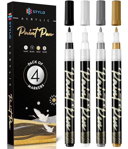 Stylo 4 Count Acrylic Metallic Pens - Black, Gold, Silver And White Paint Pens - Fine Tip Permanent Acrylic Metallic Paint Markers for Rock Painting, Stylo