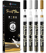 Stylo 4 Count Acrylic Metallic Pens - Black, Gold, Silver And White Paint Pens - Fine Tip Permanent Acrylic Metallic Paint Markers for Rock Painting, Stylo