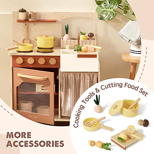Tiny Land Play Kitchen Set, Toddler Kitchen with Cutting Food Set, Wooden Kitchen Sets for Kids, Farm Style Toy Kitchen Playset, Best Gift for Girls