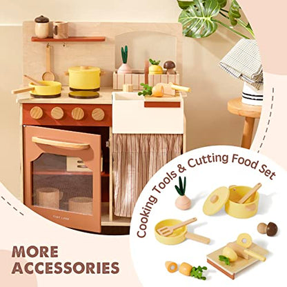 Tiny Land Play Kitchen Set, Toddler Kitchen with Cutting Food Set, Wooden Kitchen Sets for Kids, Farm Style Toy Kitchen Playset, Best Gift for Girls