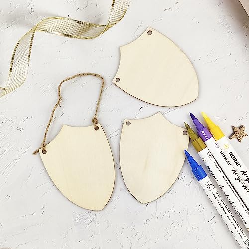 32 Pack Wood Shield Cutouts Unfinished Wooden Shield Hanging Ornaments DIY Shield Craft Gift Tags for Thanksgiving Christmas Home Party Decoration