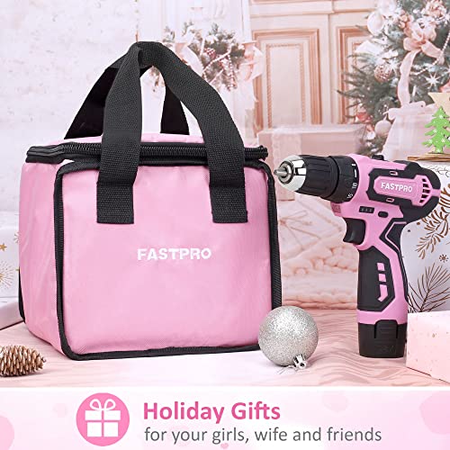 FASTPRO 42-Piece 12V Pink Drill kit, Lithium-ion Cordless Drill Driver, 3/8 in. Drill Driver Set with One 1.5 Ah Batteries, Charger and Tool Bag FASTPRO