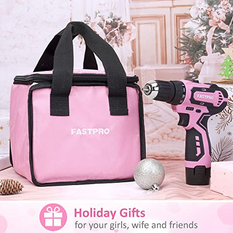 FASTPRO 42-Piece 12V Pink Drill kit, Lithium-ion Cordless Drill Driver, 3/8 in. Drill Driver Set with One 1.5 Ah Batteries, Charger and Tool Bag FASTPRO