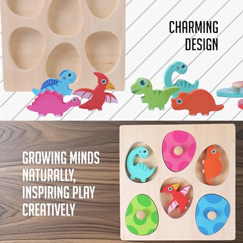 Montessori Mama Wooden Baby Dinosaur Toddler Puzzle - Dual Layered Match & Cover Educational Toys for Toddlers 1-3 Enhancing Cognitive Skills & Montessori Mama