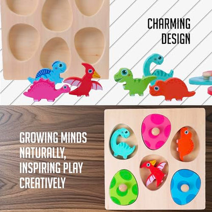 Montessori Mama Wooden Baby Dinosaur Toddler Puzzle - Dual Layered Match & Cover Educational Toys for Toddlers 1-3 Enhancing Cognitive Skills & - WoodArtSupply