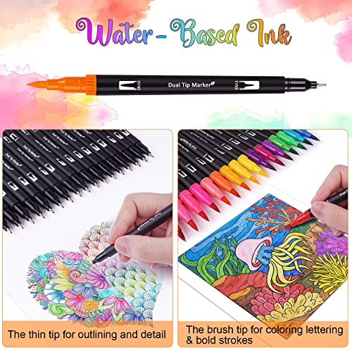 Dual Brush Marker Pens,24 Colored Markers,Fine Point and Brush Tip for Kids  Adult Coloring Books Bullet Journals Planners,Note Taking Coloring Writing
