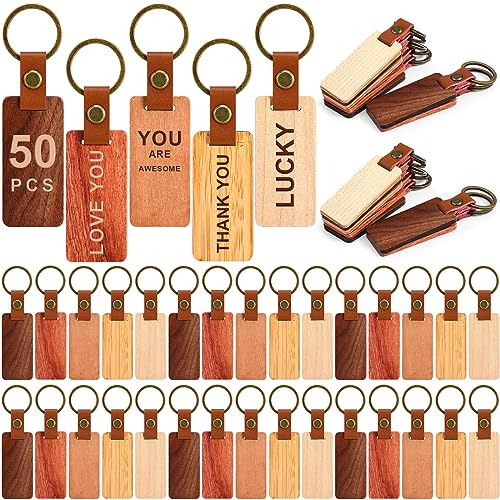 50 Pcs Leather Keychain Blanks Wooden Keychain Blanks Wood Keychain Blank Unfinished Wood Tags with Leather Strap Keyring (White Maple, Walnut, Sasylvia