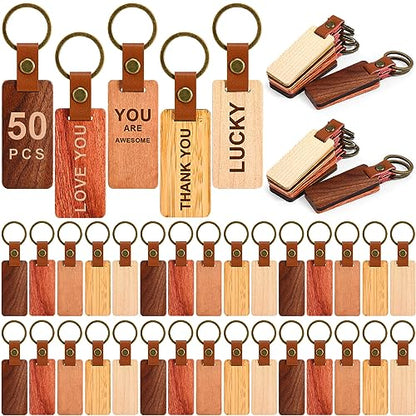 50 Pcs Leather Keychain Blanks Wooden Keychain Blanks Wood Keychain Blank Unfinished Wood Tags with Leather Strap Keyring (White Maple, Walnut,