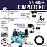 Master Airbrush Cool Runner II Dual Fan Air Compressor Professional Airbrushing System Kit with 3 Airbrushes, Gravity and Siphon Feed - Holder, Color Master Airbrush