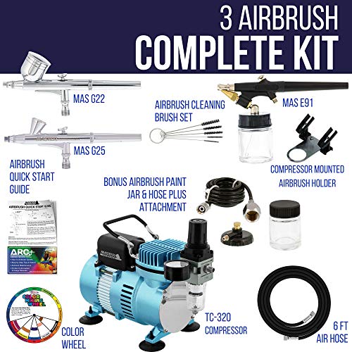 Master Airbrush Cool Runner II Dual Fan Air Compressor Professional Airbrushing System Kit with 3 Airbrushes, Gravity and Siphon Feed - Holder, Color - WoodArtSupply