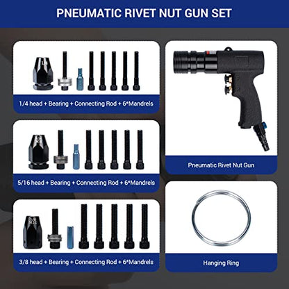 INPANOLS Air Rivet Nut Tool Kit, Pneumatic Rivnut Gun with 1/4'', 5/16'' & 3/8'' Mandrels - WoodArtSupply