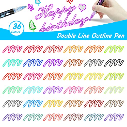 Double Line Outline Markers, 36 Colors Super Squiggles Shimmer Outline Marker Pen Set, Self Outline Metallic Markers Glitter Writing Drawing Pens for Hoxida