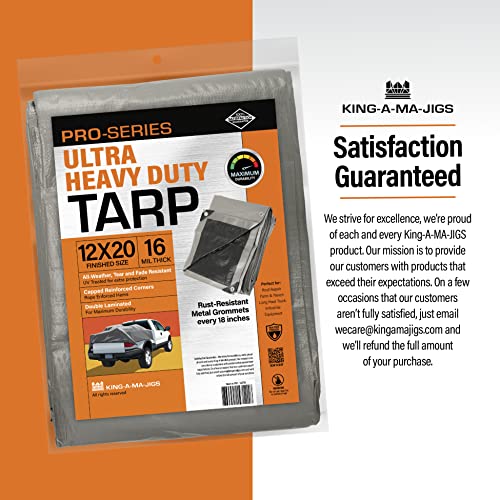12x20 Ultra Heavy Duty Tarp, Extra Thick 16 Mil, UV Resistant, Grommets Every 18 Inches - Waterproof Plastic Poly Tarpaulin - (Reversible, Silver and KING-A-MA-JIGS