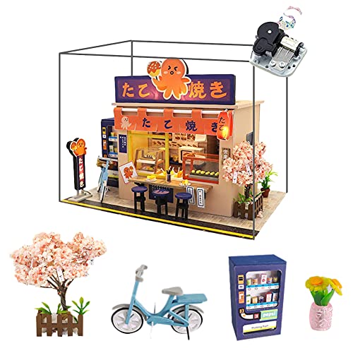 WYD Star Octopus Burning Japanese Style Takoyaki Shop Mini Doll House Kit Assembled LED Light Model Wind and Gift with Dust Cover and Music