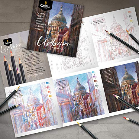 Castle Arts Themed 24 Colored Pencil Set in Tin Box, perfect Urban sketching colors featuring quality, smooth colored cores, superior blending & Castle Art Supplies