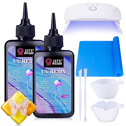 LET'S RESIN UV Resin with Light,Upgraded 200g Crystal Clear&Low Odor UV Resin Kit,UV Light,Silicone Mat,Ultraviolet Epoxy Resin Hard,UV Resin Starter