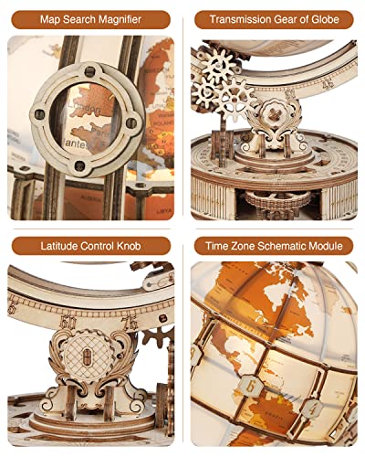 Rowood 3D Puzzles for Adults, DIY Wooden Model Kit for Adults to Build, STEM Mechanical Building Kit with LED, Birthday Luminous Globe RoWood