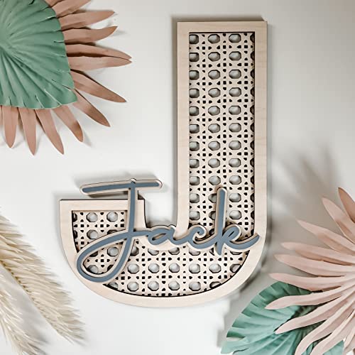 Custom Boho Wood Personalized Initial & Name Sign, 3D Layered Letter Handmade Rattan Wall Decor for Nursery or Child's Bedroom - Baby Shower, - WoodArtSupply