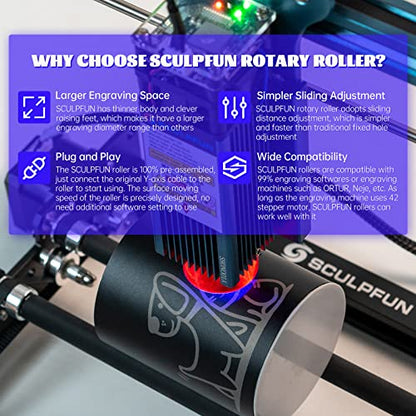 SCULPFUN Laser Rotary Roller, Laser Engraver Y-axis Rotary Roller Engraving Module 360° Rotating for Engraving Different Size Cylindrical Objects