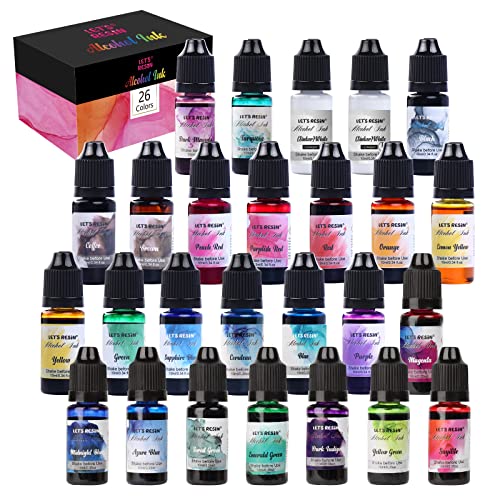 Alcohol Ink for Epoxy Resin LET'S RESIN Concentrated Alcohol Ink Set, 26 Vibrant Colors Alcohol-Based Resin Ink,Alcohol Paint Resin Dye for Resin