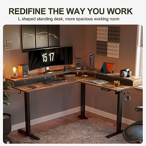 BANTI 63" L-Shaped Electric Standing Desk,Height Adjustable Stand up Desk with 3 Drawer,Corner Stand up Desk, Rustic Brown Top