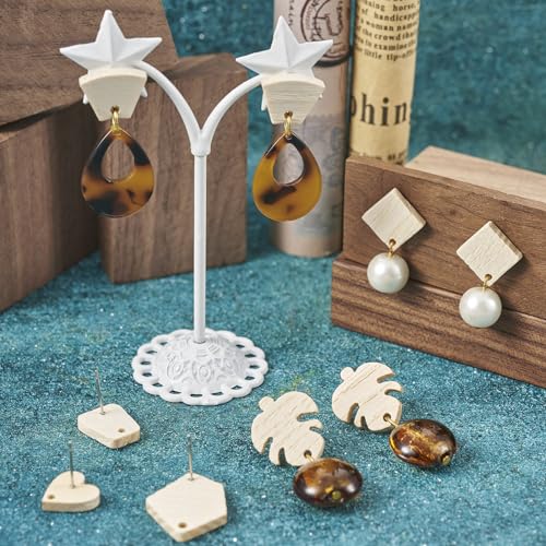 Craftdady 16 Pairs Unfinished Wood Stud Earring Posts Findings Heart Teardrop Leaf Wooden Earring Blanks Earring Making Supplies with Earring Backs Craftdady