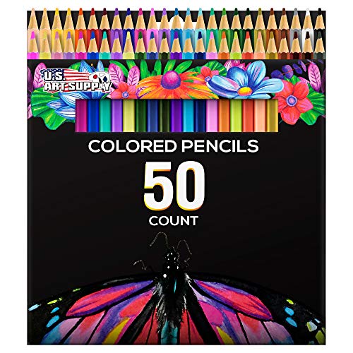 U.S. Art Supply 50 Piece Adult Coloring Book Artist Grade Colored Pencil Set -Vibrant Colors, Smooth Art Drawing, Sketching, Shading, Blending - Fun U.S. Art Supply