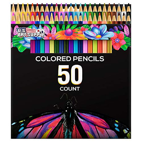 U.S. Art Supply 50 Piece Adult Coloring Book Artist Grade Colored Pencil Set -Vibrant Colors, Smooth Art Drawing, Sketching, Shading, Blending - Fun U.S. Art Supply