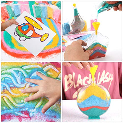 12 Pack Create Your Own Magic Sand Art Glitter Activity | Glow in the Dark Colored Custom Sand Kits for Kids - Includes 12 Bottles, Funnels, Sticks,