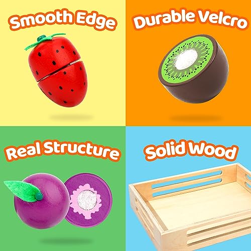 BAODLON Wooden Cutting Fruit Set - Wooden Play Food Toys for Kids Kitchen, Multi-Pretend Play Food Kitchen Accessory with 2 Trays, Play Fake Fruit