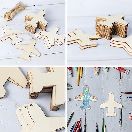 Plane Shape Hanging Wood Aircraft Unfinished Wood with Twines DIY Craft Ornament for Christmas Wedding Birthday Thanksgiving Party Space Theme Party Lamantery