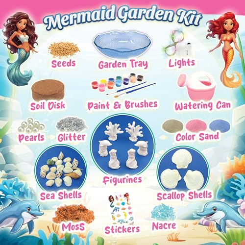 BLOONSY Mermaid Fairy Garden Kit for Kids | Light Up Mermaid Terrarium Kit | Mermaid Gifts Toys for Girls | Science STEM Arts and Crafts Activities