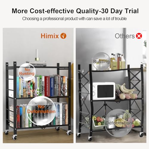 Himix Storage Shelves with 6 Hooks, 3 Tier Foldable Shelf with Wheels, Metal Storage Shelving Unit Rolling Cart, Utility Shelf Rack Organization Himix