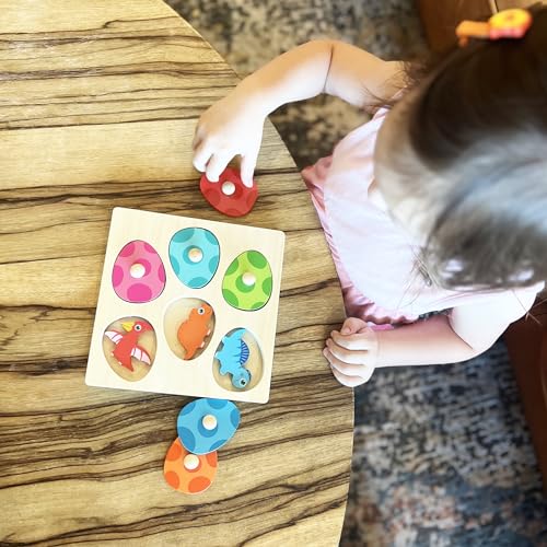 Montessori Mama Wooden Baby Dinosaur Toddler Puzzle - Dual Layered Match & Cover Educational Toys for Toddlers 1-3 Enhancing Cognitive Skills & Montessori Mama