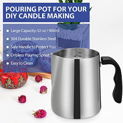 SAEUYVB Candle Making Pouring Pot, 32oz Wax Melting Pot,304 Stainless Steel Candle Making Pitcher with Heat-Resistant Handle and Dripless Pouring - WoodArtSupply