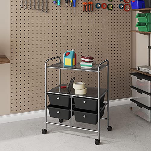 Yaheetech Rolling Storage Cart with 4 Drawers 2 Shelves Plastic Trolley on Wheels for Home Office School Beauty Salon, Black Yaheetech