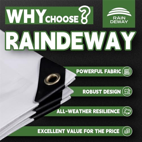 RAINDEWAY 12 Mil Heavy Duty White Tarp 6x20 Feet, UV Resistant, Waterproof, Weatherproof Poly Tarp with Metal Grommets and Reinforced Edges RAINDEWAY