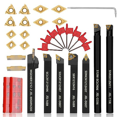 JOOGTO Indexable Lathe Turning Tool 21Pcs Kit 1/2'' 12mm Shank 7 Pcs Metal Lathe Tool Holder Set for Turning Grooving Threading Boring with 14 Pcs
