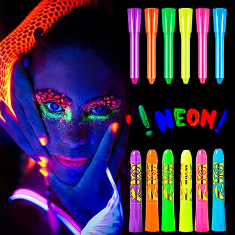 6PCS Glow in The Dark Face Paint Crayons UV Neon sign Halloween Carnival Night glow makeup Paint - Safe, Washable, Non-Toxic JLGKNEE