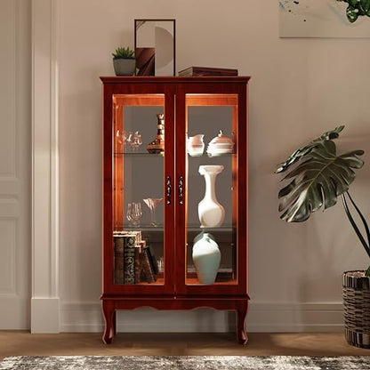 Dolonm Curio Cabinet with Tempered Glass Doors, Curio Cabinets with Mirrored Back Panel and Adjustable Shelves, Lighted Display Cabinet for Home,