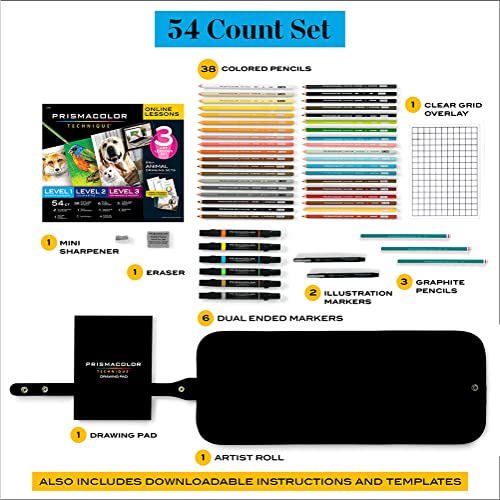 Prismacolor Technique, Art Supplies and Digital Art Lessons, Animal Drawing Set Bundle, Levels 1-3, 54 Count Prismacolor