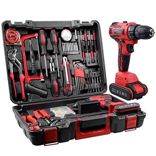 jar-owl 21V Max Cordless Drill/Driver Kit, Brushless, Tool Set with Drill and 112pcs Household Hand Tool Kit for Daily Home Repair, Red jar-owl