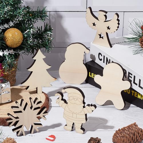 MAYJOYDIY 6pcs Christmas Snowman Tree Wooden Cutouts Santa Claus/Angels/Snowflakes/Gingerbread Man Christmas Ornaments Unfinished Wood for Christmas MAYJOYDIY